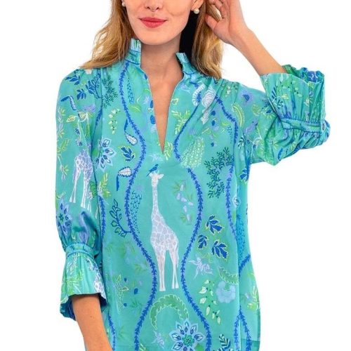 Ruffleneck Tunic - Jungle Symphony turquoise White