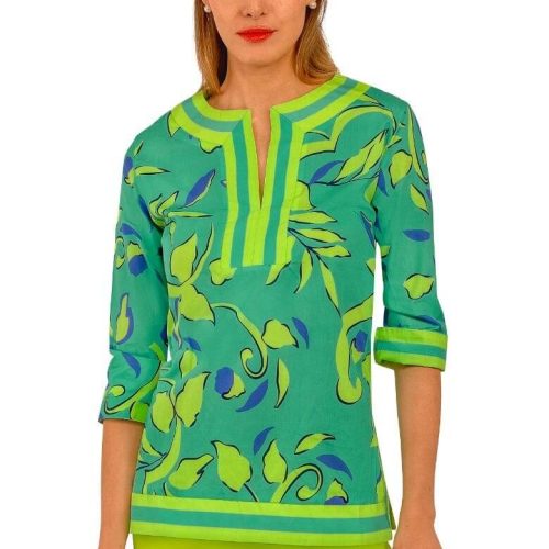 Cotton Split Neck Tunic - Full Bloom Turquoise