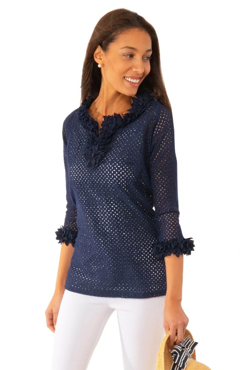 Eyelet Split Neck Top - Zelda - Final Sale Navy